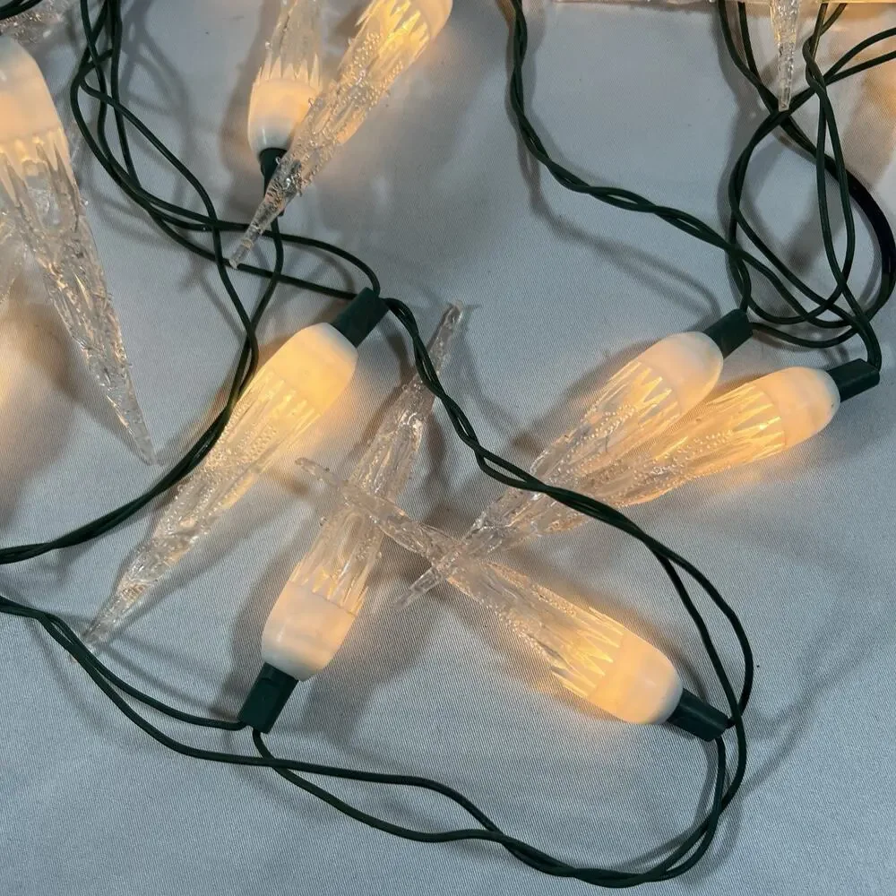 Vintage White Clear Icicle Christmas String Lights Set of 20 Green Wire Cord